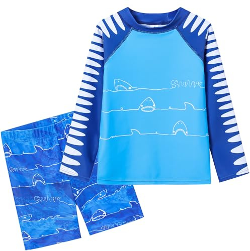Ewbob Boy 2 Pieces Rash Guard Sun Protection Long Sleeve Kid Swimsuit 3-12Y | Boys Swimming Costume,Boys Swimsuits,Boys Swimwear,Quick Dry,Bathing Suit,Boys Swim Suit,Swim Shirt with Swim Trunks,UPF 30+