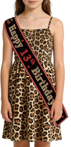 Sursurprise Banda de satén rojo y negro para niñas, estampado de leopardo, decoración de cumpleaños número 13, diseño de guepardo y cereza, decoración de fiesta de cumpleaños con temática de guepardo