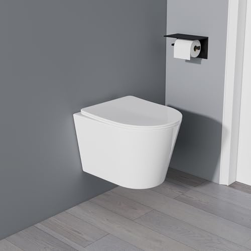 Yishang Spülrandlos Wand-WC Tiefspül Toilette - Hänge Toiletten mit effizienter Spültechnik, Kloschüssel inklusive WC-Sitz mit Absenkautomatik und Schnellspanner, Weiß, 48,5 cm lang