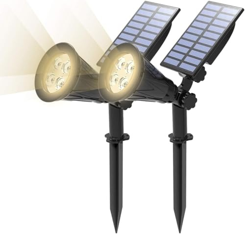 T-SUN [2 Pack LED Solaire Projecteur, Lampe Solaire de 4 LED, Étanche Extérieur Lampe Jardin，Éclairage de Sécurité Paysage Lumière pour Chrismas Arbre, Clôture, Patio, Fête. （Blanco Naturel 4000K