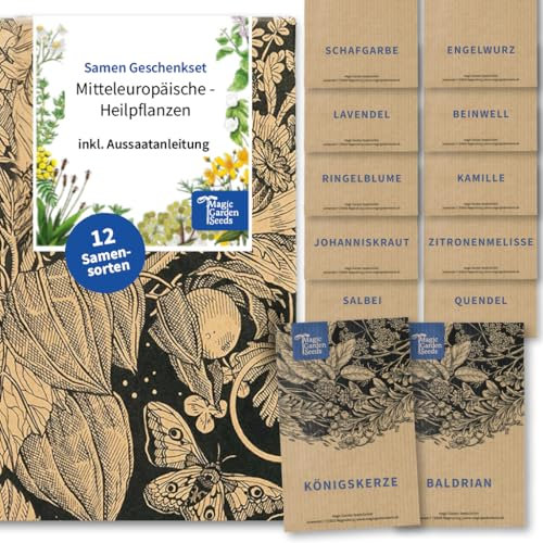 Magic Garden Seeds - Mitteleuropäische Heilpflanzen Saatgut Set - 12 traditionelle Kräutersorten der Volksmedizin - Alte Sorten - Garten Zubehör - Pflanzen Samen - Geschenk für Gartenliebhaber