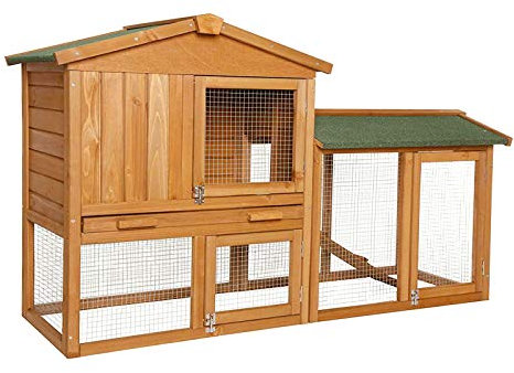 lionto Kaninchenstall aus Holz auf Zwei Etagen mit Rampe, 147x52x85 cm, wasserabweisendes Bitumendach & Drahtgitter, Hasenstall Winterfest für draußen mit 3 Eingängen & herausnehmbarer Schublade