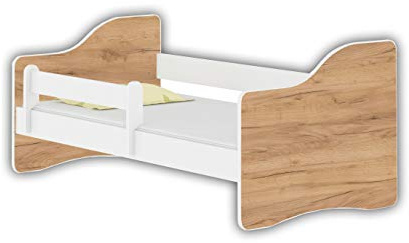ACMA Jugendbett 160x80 Kinderbett mit Rausfallschutz und Matratze, Weiß Happy, Farbe Eiche Craft, mit Lattenrost, stabil, Kinderzimmer Bett, Jugendmöbel