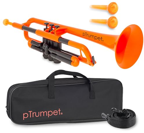 pTrumpet Bb Plastic Trumpet - Durable pInstruments Design with Ergonomic Grip - Includes 3C & 5C Mouthpieces and Carrying Bag - Authentic Sound for Students & Beginners - ABS Build - Orange