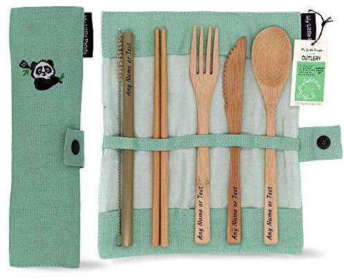 Juego de Cubiertos de bambú personalizado, grabado con cualquier nombre o texto, regalos naturales y sostenibles por My Little Panda (Mar verde)