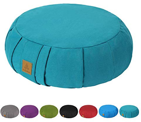 FelizMax Round Zafu Meditation Cushion, D=15 H=5.5 Zabuton Meditation Pillow, Yoga Bolster/Pillow, Floor seat, Zippered Organic Cotton Cover, Natural Buckwheat, Kneeling Pillow - Cyan Blue