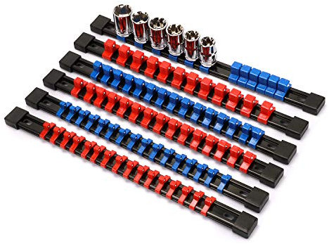 CASOMAN 6PC ABS Socket Organizer, 1/4-Inch, 3/8-Inch, 1/2-Inch, Premium Quality Socket Holders (6-Piece Set, Blue & Red)