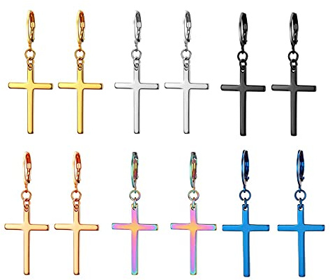 Flongo Damen Kreuz Ohrringe Creolen Herren Ohrstecker Silber Schwarz Rose Gold Blau Bunt Stecker mit Kette Kreuz Anhänger Jahrgang Männer, Frauen 6 Paar Set