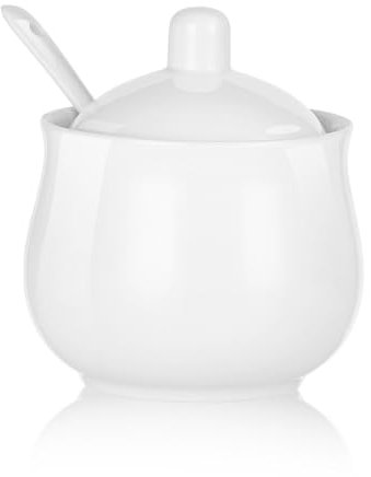 CHILDIKE Zuccheriera in ceramica con coperchio e cucchiaio, barattolo in porcellana bianca, 226,8 g