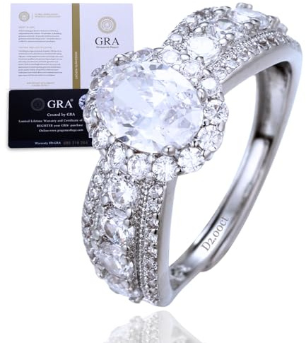 HALUKAKAH Anello Donna Moissanite D2,0 ct Argento Sterling 925 Placcato Platino con Certificato,Diamanti da Laboratorio Ovale Halo a Griffe in Set Nuziale,per Fidanzamenti,Matrimoni,Misura Regolabile