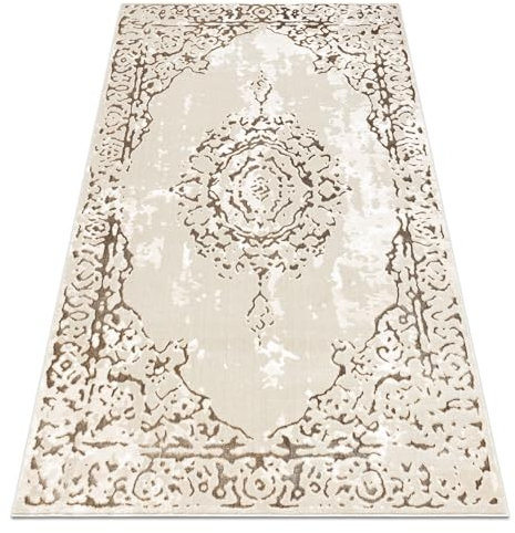Matta ALLURE 1961 Snygg matta med ornamental ram i Grädde/Guld - Elegant och glamorös för vardagsrum och sovrum - 80x150 cm