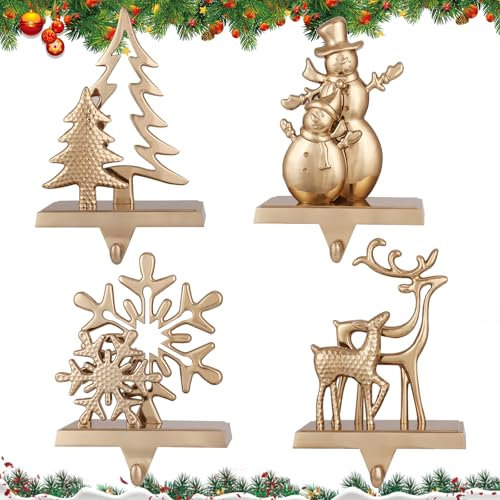 Weihnachtsstrumpfhalter für Kaminsims, Urlaubsstrumpfhalter-Set, doppelte Schneeflocke, Schneemann, Rentier, Weihnachtsbaum, Metall-Kaminhaken für Weihnachtsdekoration (Bronze, 4 Stück)