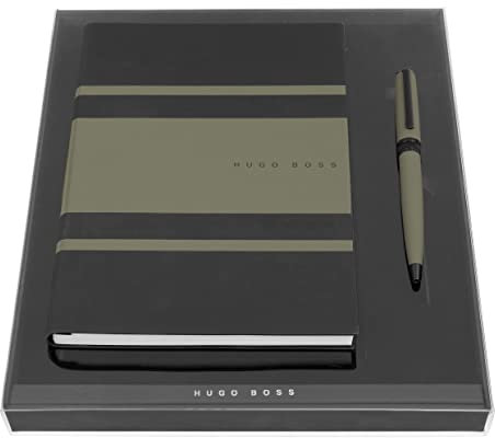 Hugo Boss Schreib-Set Kugelschreiber Gear Matrix Khaki und A5 Notizblock Essential Gear Matrix Khaki Dots in der Geschenkbox, HPBH974T