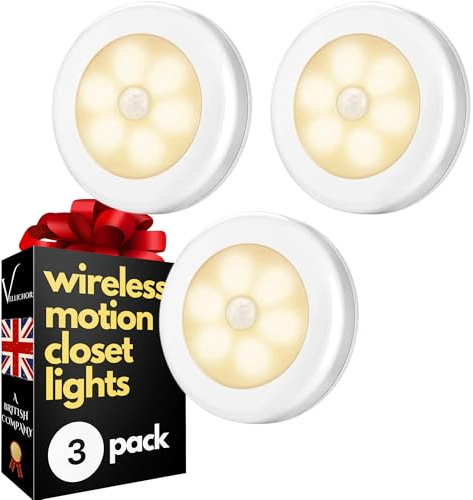 vellichor 3 Pack motion sensor wireless light for wardrobes cupboards and under stairs closets Battery Powered LED warm white lamp with automatic on off kitchen, bedroom, bathroom, garage, shed, loft