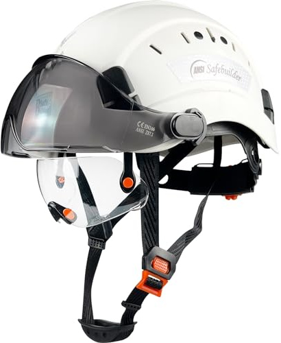 SAFEBUILDER Safety Helmet Hard Hat with Visor Clear & Tinted Adjustable Vented ABS Work Helmet 6-Point Suspension ANSI Z89.1 Approved for Industrial (01-White Hat with Clear & Tinted Visor)