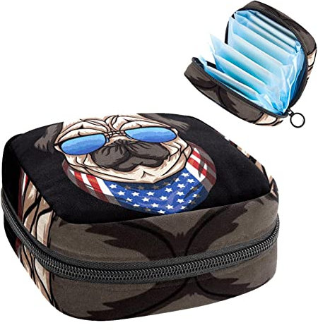 Cooler Mops-Hund mit Brille, USA-Flagge, tragbar, Tampon-Aufbewahrungstasche, Tampon-Halter für Geldbörse, femininer Produkt-Organizer, Mehrfarbig, 4.7x6.6x6.6 in/12x17x17 cm