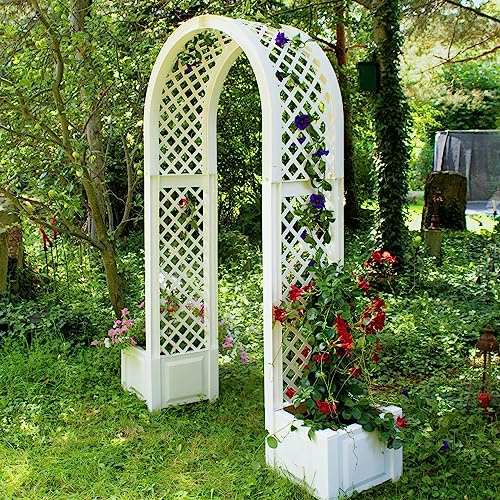 NYVI Rosenbogen mit Pflanzkasten NYVIGreen 174x43x207 cm - Spalier mit Blumenkasten aus wetterfestem & recyceltem Kunststoff - Rankhilfe - Pflegeleicht, Steckmontage ohne Werkzeug, Farbe:Weiß