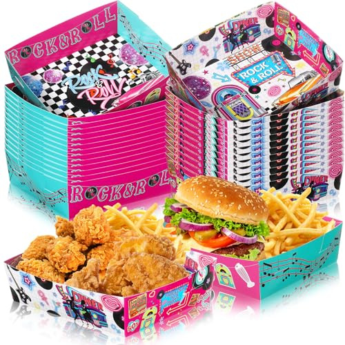 Layhit 36 Pcs 1950s Party Supplies 5 lb Food Boats Large Paper Serving Trays Burger Fries Hot Dog Taco BBQ Popcorn for Rocking Music Sock Hop Birthday 1950s Theme Party