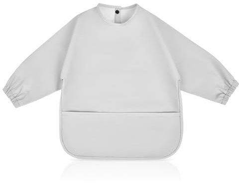 Vicloon babyhaklappar med ärmar, långärmade haklappar haklapp vattentät med fickor, Lång ärm Bibs för matning och lek med din baby för babybarn 6 till 12 månader (grå)