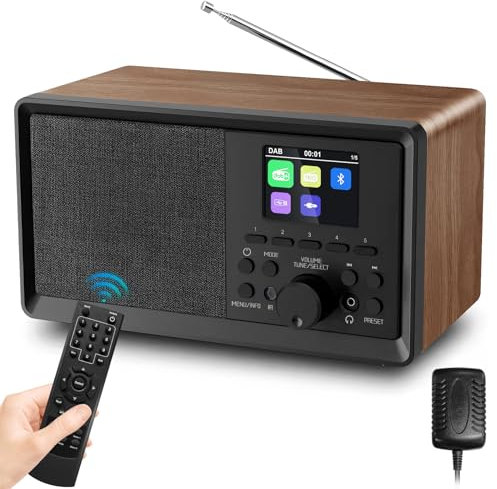 Sentasi Radio DAB Portatile con Bluetooth, Digitale DAB+/FM con Telecomando, Radio da Cucina Con display LCD a 2,4,Connessione MicroSD/TF/AUX Sveglia doppia vintage in legno