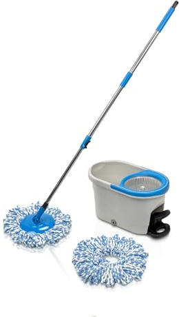 Addis Dual Action Microfibre Spin Mop and Bucket Set with spare mop head, Fast turbo twin action Spin Mop for cleaning floors, Set Mop, Bucket and additional spare mop head, Grey Blue