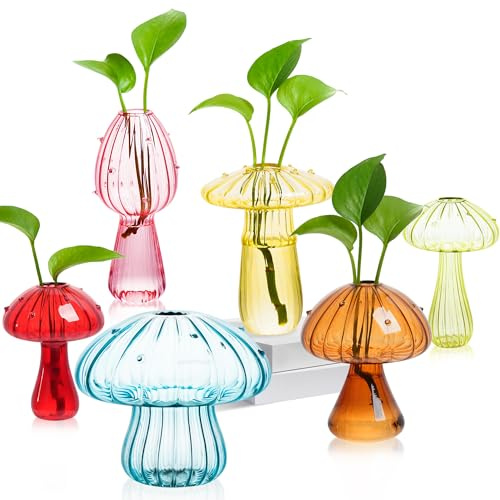 Plant Propagation Station, Set of 6 Colored Mushroom Vase, Propagation Stations, Small Plant Terrarium, Unique Crystal Mushroom Jars for Plants for Hydroponics Home Garden Office Decoration (Colorful)