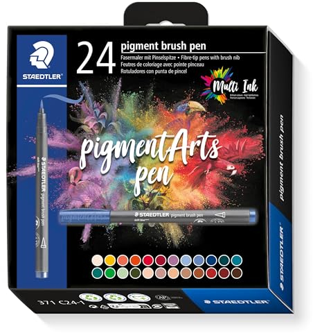 STAEDTLER brush pen pigment Arts, Premium-Zeichentusche, Pinselspitze für variable Linienbreite, wasserfest, schnelltrocknend, 24 brush pens in sortierten Farben im Kartonetui, 371 C24-1