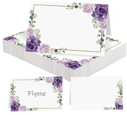50pcs Segnaposto Cartellini Decorazioni Tavolo Matrimonio Battesimo 11 x 8,4cm Targhette Segnatavolo Carta Personalizzate per Compleanno Comunione Laurea Cresima (Viola)