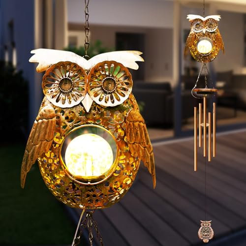 Yeomoo Metall Windspiel Garten mit Solar Eulen Deko für Draußen: Eule Windspiele Aufhängung Gartendeko Geschenke für Frauen Mama Geburtstagsgeschenk Glockenspiele für Terrasse Balkon Flur Kupfer
