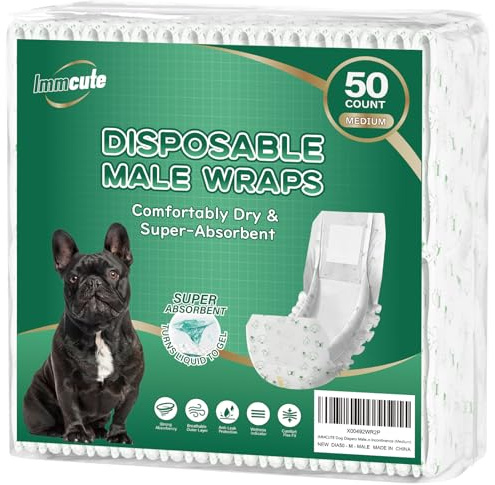 IMMCUTE Male Dog Wraps 50 Ct, Medium Size, Male Dog Diapers Disposable, Super Absorbent Leak-Proof Doggy Diapers,Belly Bands for Dogs with Wetness Indicator, Ideal for Indoor, Outdoor