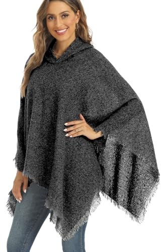 crazy bean Poncho Femme Hiver avec Franges Chaud Pull Chale avec Capuche Poncho Cape Tricoté Douce Cachemire d'Imitation Automne Noir