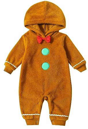 LYSINK Qianderer Baby Gingerbread Costume Boy Girl Christmas Outfit Gingerbread Man Romper Jumpsuit Footies with Hat Cosplay Outfit (Ba Brown, 2-3T)