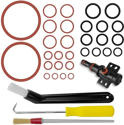 30pcs Seals O-Ring for Support Valve, Steam Valve Brewing Group Outlet Valve Suitable compatible with Phillips Saeco Spidem Gaggia, with Curved Coffee Brush, Brush, and 45°Hook (7 Models)