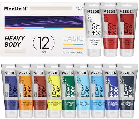 MEEDEN Heavy Body Acrylic Paint - Basic 12 x 60ml (2 oz) Color Paint Set for Adults - Rich Pigment Art Craft Paints for Canvas Rock Wood