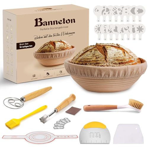 Kixiyou 10-teilig Gärkorb Brot Set, 23 cm Gärkorb rund und Komplettset Backzubehör, Gärkörbchen für Brot brot backen Gärkorb rund Einsteigerset für Anfänger