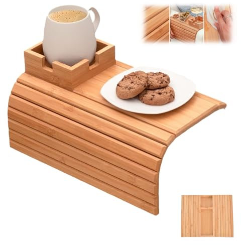 Seymal Foldable Bamboo Sofa Arm Tray, Portable Couch Tray with Cup Holder, Anti-Slip, 2-in-1, Brown, Modern, Polished, 13.3L x 2W x 16H, 2.7 lbs