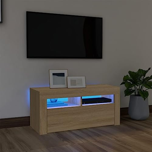 WKIEQACO Entertainment Centers & TV-Ständer, TV-Schrank mit LED-Lichtern, Sonoma-Eiche, 90 x 35 x 40 cm