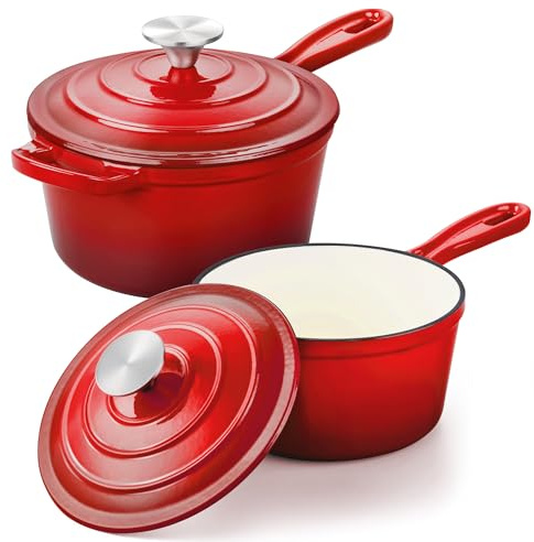 Leonyo - Padella per salsa in ghisa smaltata, set di pentole da 1 litro e 2 qt, pentole in ghisa per forno olandese da cucina, piccole pentole per tutti i piani cottura per cuocere pasta, latte