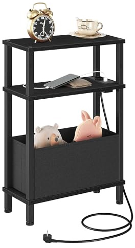 CHOEZON 3-stufiger Schmaler Beistelltisch mit Ladestation für kleine Räume, Nachttisch mit herausnehmbarer Schublade aus Vlies, für Schlafzimmer, Wohnzimmer, Büro, Schwarz DTBZ07CBB