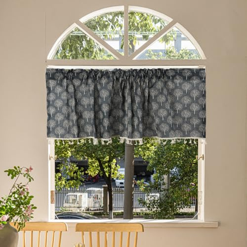 RoxNvm Cortinas Cocina Ventana, 148 x 46 cm Visillos Cortos para Ventanas, Motivo Botánico Cortinas Cortas, Bohemias Cortinas Rusticas, Cortinas de Bistró con Borlas, Bellamente Decorada (D)