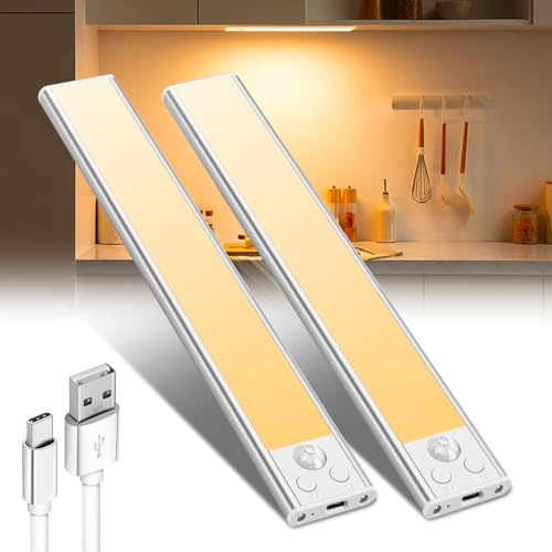 YGVQN Luz de Armario Recargable,Luz Led de Armario con Sensor Movimiento - Luces de Gabinete Inalámbricas,30 CM 6000K Regulable Lampara Adhesiva,para Cocina,Gabinete,Escalera,Sótano | 2 Piezas