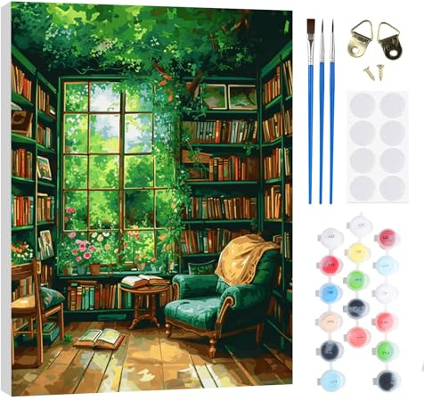 RICUVED DIY Bücherregal Malen nach Zahlen Set für Erwachsene Kinder mit Holzrahmen - Landschaft Paint by Numbers Set Mit Ölgemälde für Anfänger, Leinwand, Pinsel und Farben Wanddekoration 30x40cm