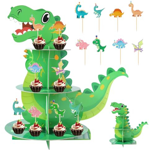 Tortenständer aus Karton 16 Stück Dinosaurier Cupcake Topper,3 Etagen Cupcake Ständer Dessert Turm Halter Dinosaurier Kuchendekoration für Hochzeit Geburtstag Party Kuchen Brötchen Torten Etagere