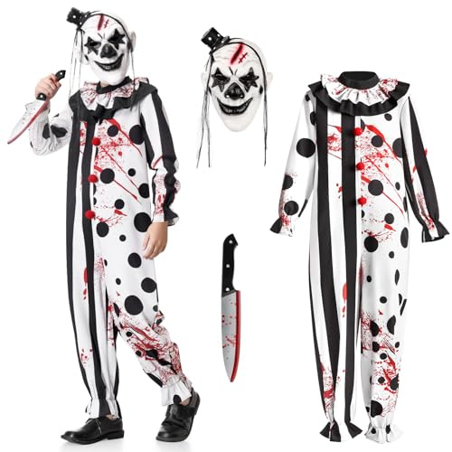 BuzzoXerex Costume Clown Tueur Enfant, Art the Clown Costume Garçon Déguisement Terrifier Enfant avec Combinaison Noire Blanche, Couteau Jouet et Chapeau Masque pour Halloween Carnaval (L)