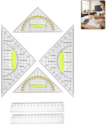 6 Stück Geodreieck mit Griff, Geodreieck Klein Groß 2x 22,5cm, 2x 15,7cm, 2 transparenten Linealen 15 cm, Geometrie Dreieck Lineal Set, Plastik Geometriedreieck für Studenten Büro Designer Malerei