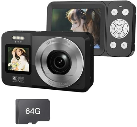 Cámara digital 4K de doble pantalla con sensor de 64 MP, zoom óptico de 18X, diseño compacto para principiantes, fotografía al aire libre, cámara de doble pantalla para fotografía de viaje