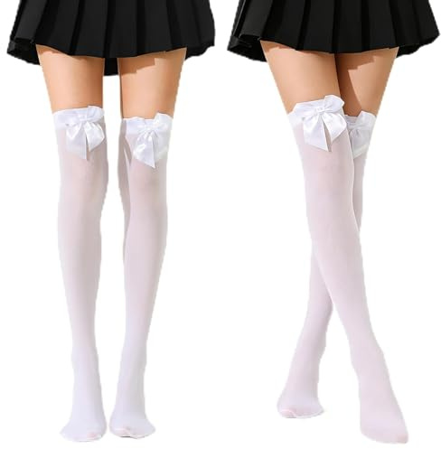2 Pares de Calcetines Suaves Hasta La Rodilla para Mujer,Calcetines Altos Muslo con Lazo,Medias con Lazo Calcetines Altos Hasta la Rodilla Para Carnaval, Carnaval, Disfraces, Lema Fiesta Talla Única