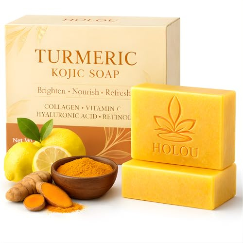 Kojic Acid & Turmeric Soap Bar – Brightening Bar Soap 2-Pack for Dark Spots, Hyperpigmentation & Uneven Skin Tone – Face & Body Dark Spot Remover – Paraben Free – Holou