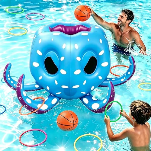 Yaskyly Gioco da Piscina Gonfiabile Polpo Bambini, 2-in-1 Canestro da Basket & Lancio Anelli, Gioco Acquatico Estivo Spiaggia, Regalo Compleanno per Bambini Adulti Famiglia