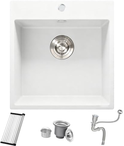 Bokaiya Fregadero Granito Blanco 48x50cm, Pequeño Fregadero de Barra Húmeda, Sobre encimera al mueble 30cm, Minilavabo de Cocina para Exteriores, para RV, con Rebosadero, Rejilla Enrollable y Sifón
